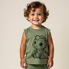 minicult Kids Matching Cotton Vest and Shorts coords with cute animal Prints(Dino Combo) Pack of 2