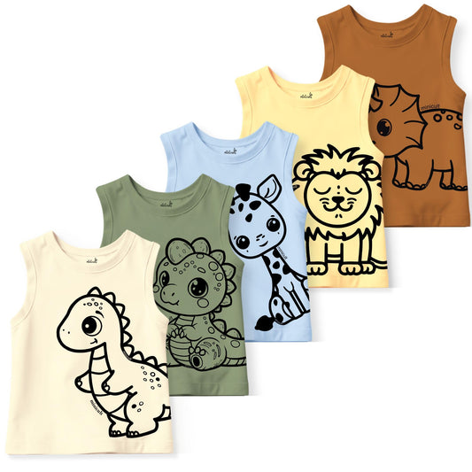 minicult Kids Cotton Vests with Cute Animal Character Prints(Dino Combo)(Pack of 5)