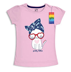 minicult Girls Half sleeves Cotton T-shirt with Cute Prints and Colorful (B008) (Pack of 2) Light Green