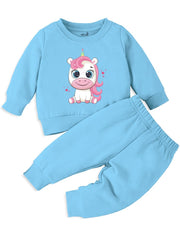 minicult cotton Kids Coordinated sweatshirt and pant set with character print (UNICORN BLUE)(Pack of 1)(0-3 MTS)