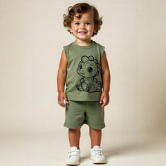 minicult Kids Matching Cotton Vest and Shorts coords with cute animal Prints(Dino Green)