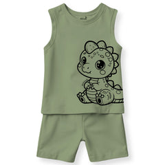 minicult Kids Matching Cotton Vest and Shorts coords with cute animal Prints(Dino Green)