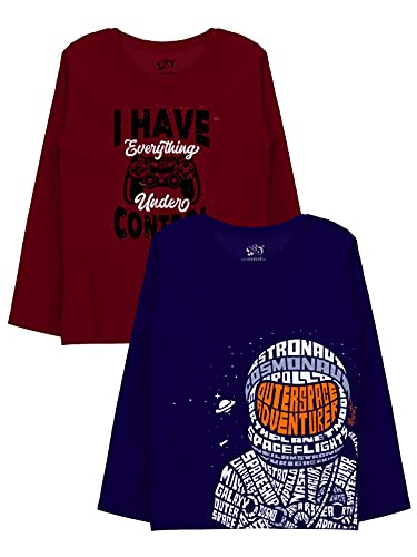 minicult Cotton Printed Full Sleeve T Shirts for Boys(Pack of 2)(Navy 1)